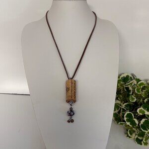 Handmade Wine Cork Necklace Castle Rock Pendant Beaded Dangle Upcycled Jewelry